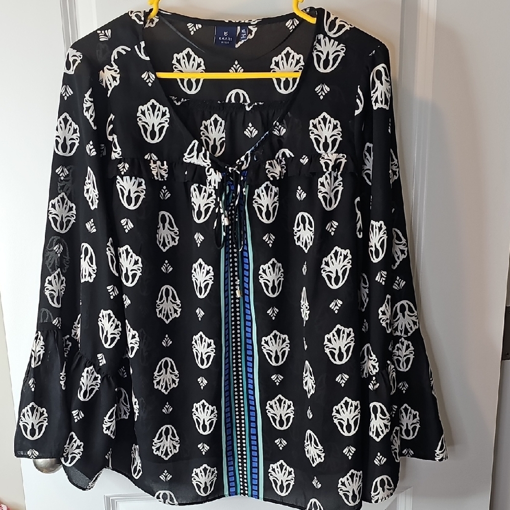 Kaari Blue Black and White Blouse with Blue Accents